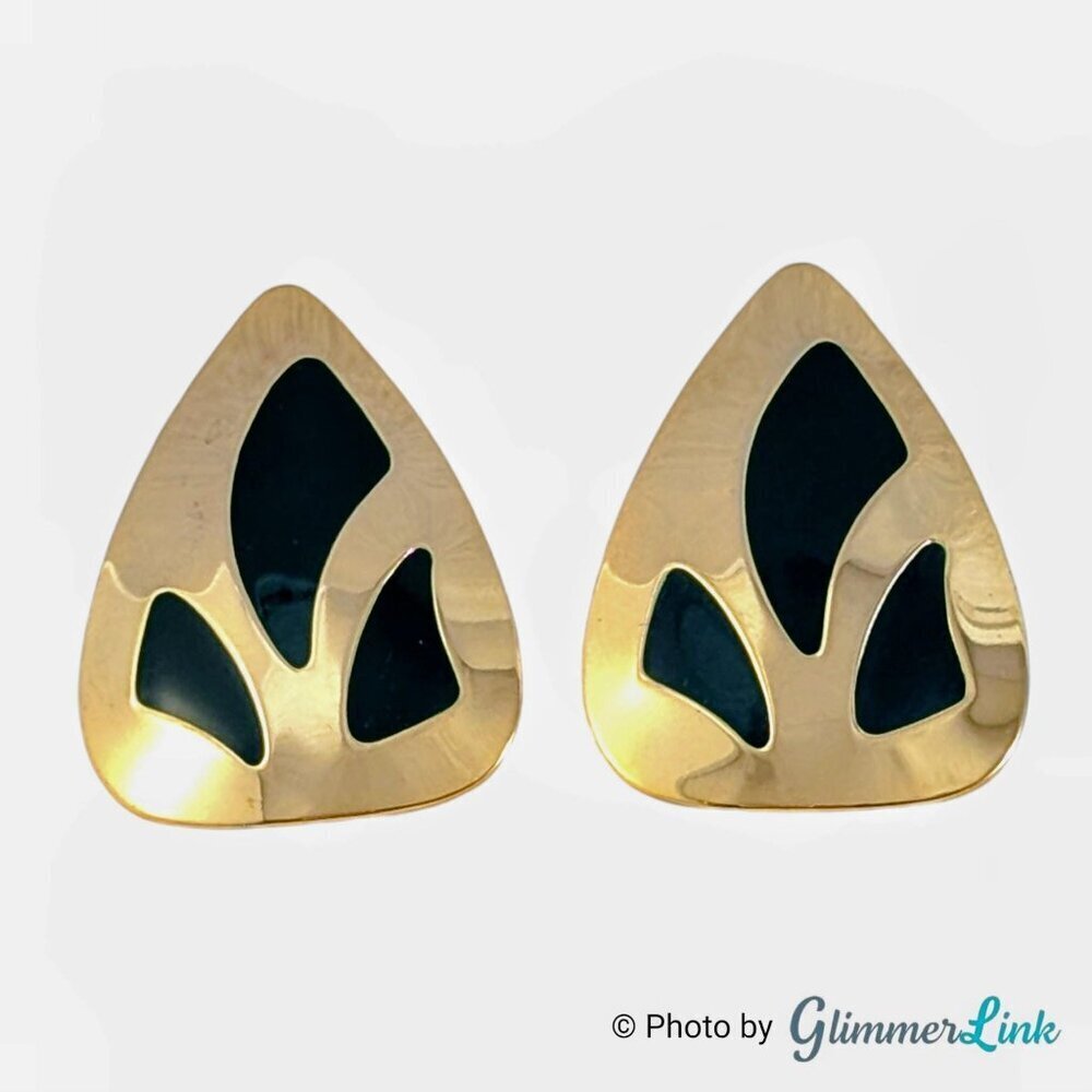 Vintage Modernist Earrings - Gold Tone Dark Green Enamel, 80s Geometric